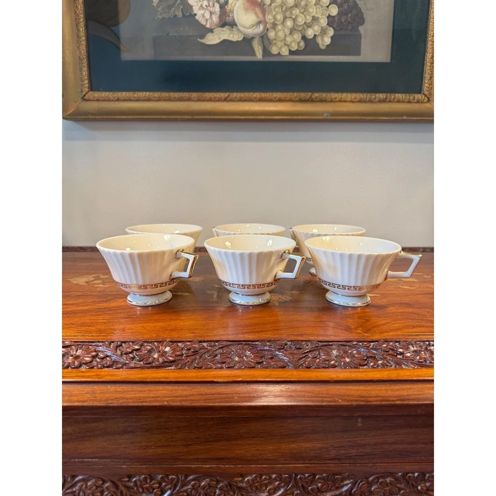 Vintage Lenox Cretan Tea Cups Set of 6 • Ivory Bone China w/ Gold Greek Key Trim